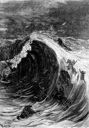 Una ola monstruosa de cuarenta pies de altura envolvió a los fugitivos con espantoso estrépito.